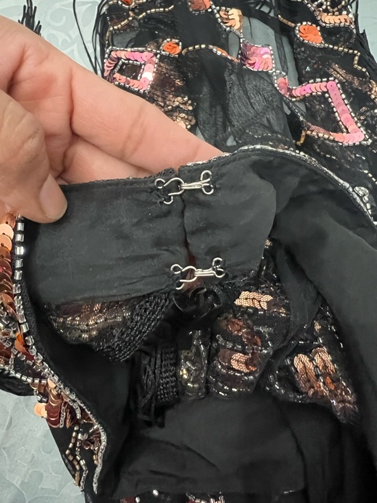 RARE Y2K ASOS design Black Sequin Fringe Maxi Dress with Pink & Rose Accents#A10 - Picture 10 of 16